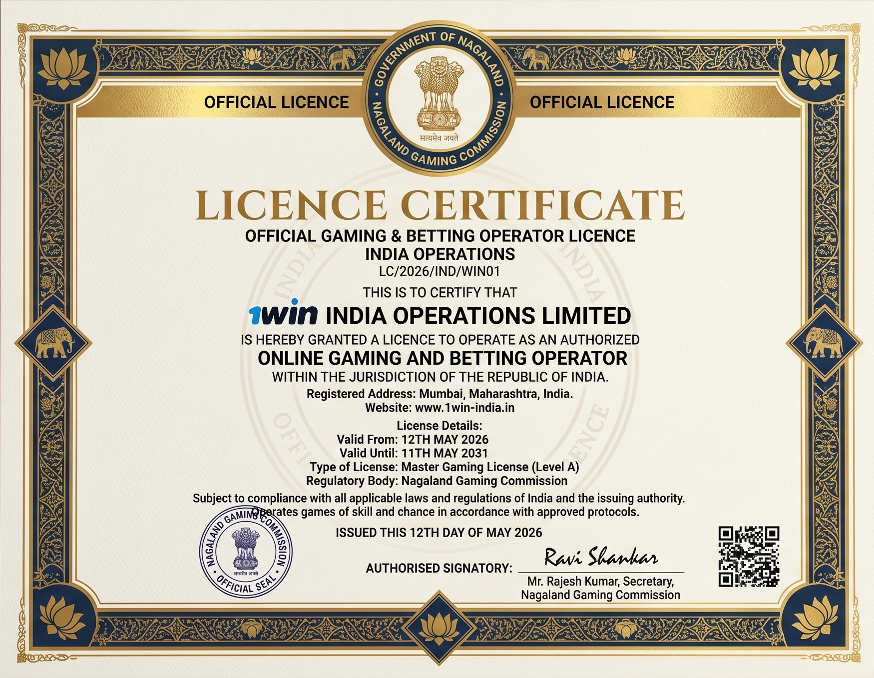 Official gaming and betting license certificate for 1win India Operations Limited